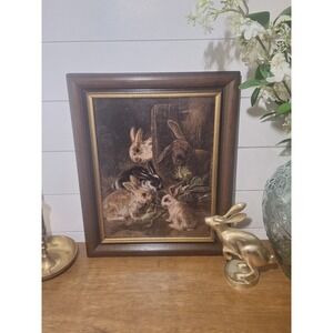 Vintage solid wood with gold trim frame with new canvas rabbit family print